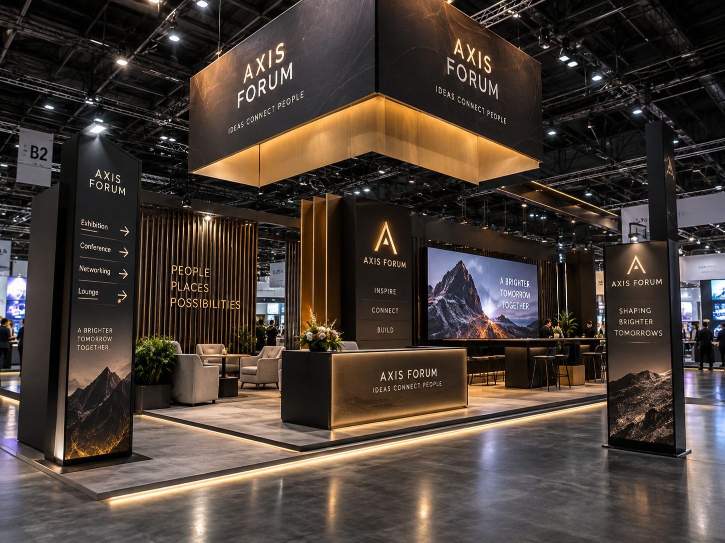 Illuminated exhibition stand with wayfinding totems