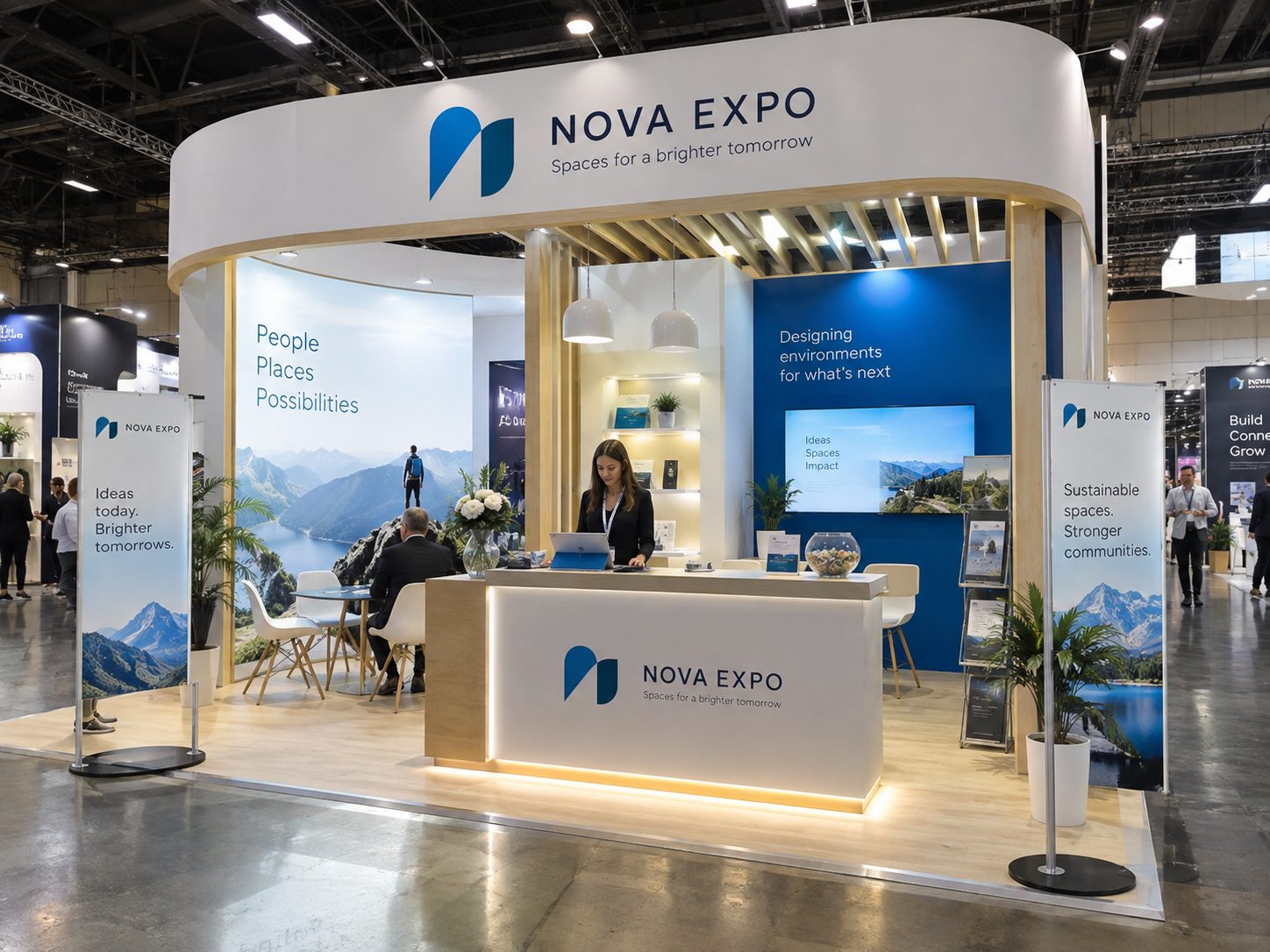 Exhibition stand with backlit counter and banners