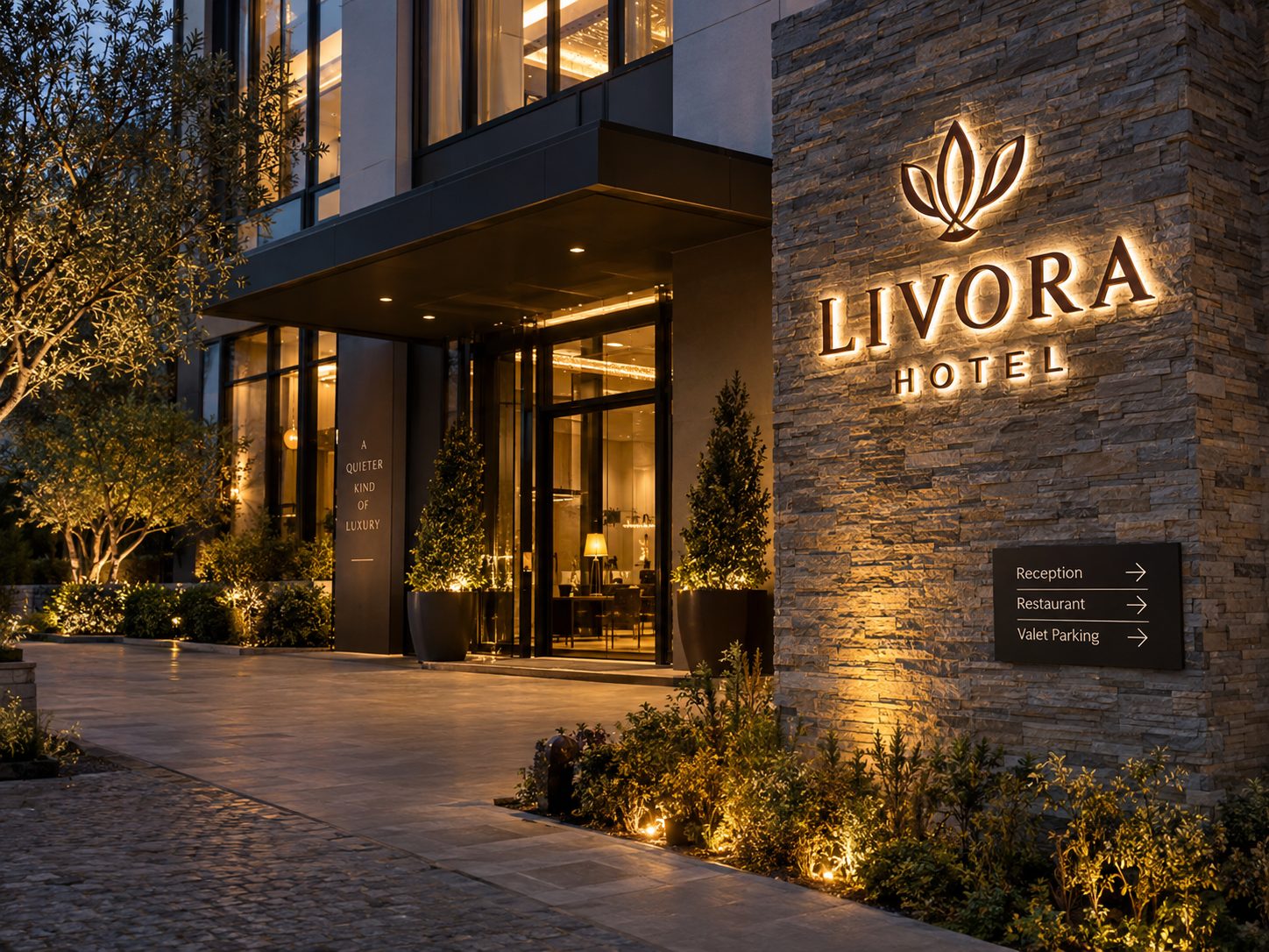 Halo-lit hotel sign on stone wall