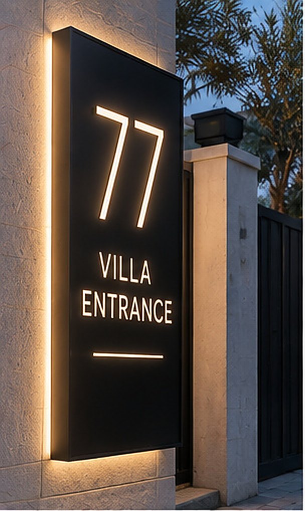 Illuminated villa entrance sign